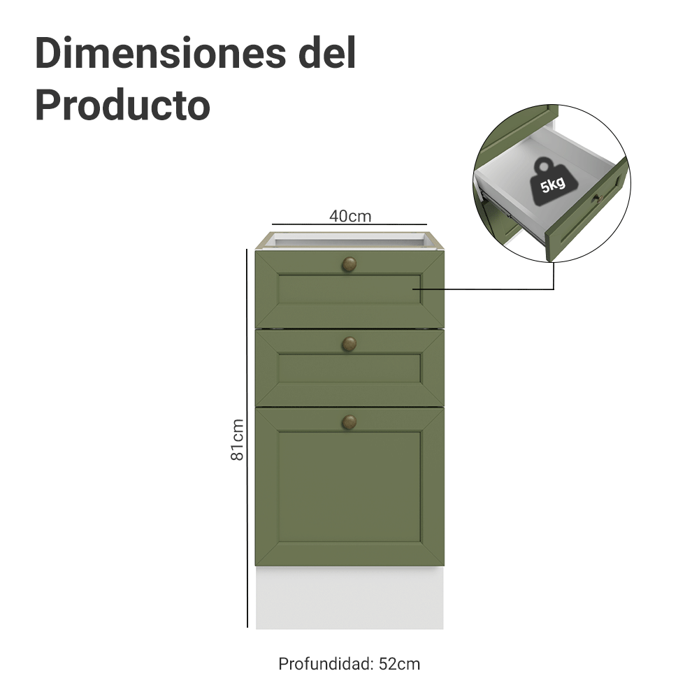 Bajo Mesada 40 cm 3 Cajones Sin Mesada Blanco/Verde Vik Madesa
