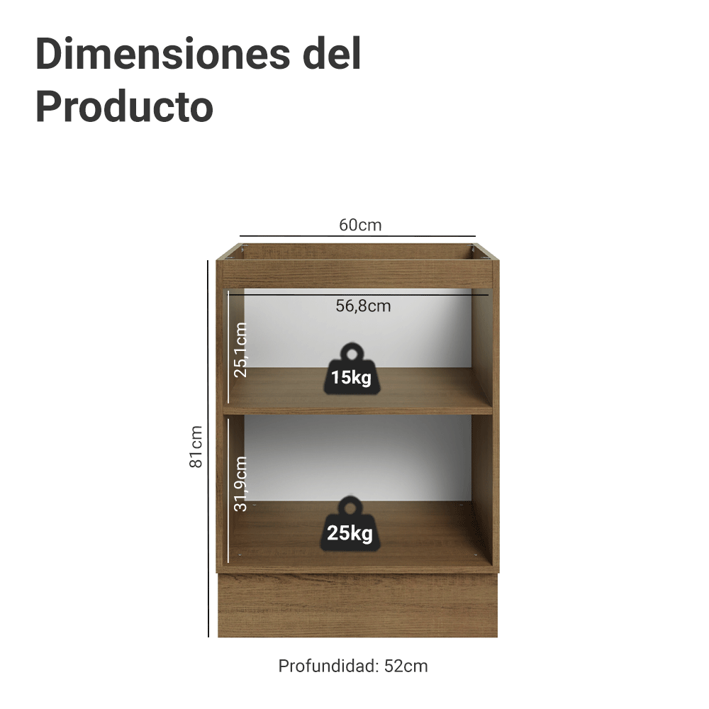 Bajo Mesada de Cocina 60 cm 1 Puerta (Sin Mesada) Marrón/Negro Lux Madesa