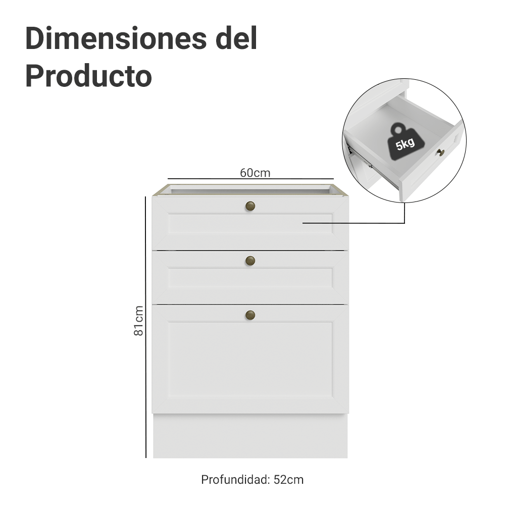 Bajo Mesada 60 cm 3 Cajones Sin Mesada Blanco Vik Madesa