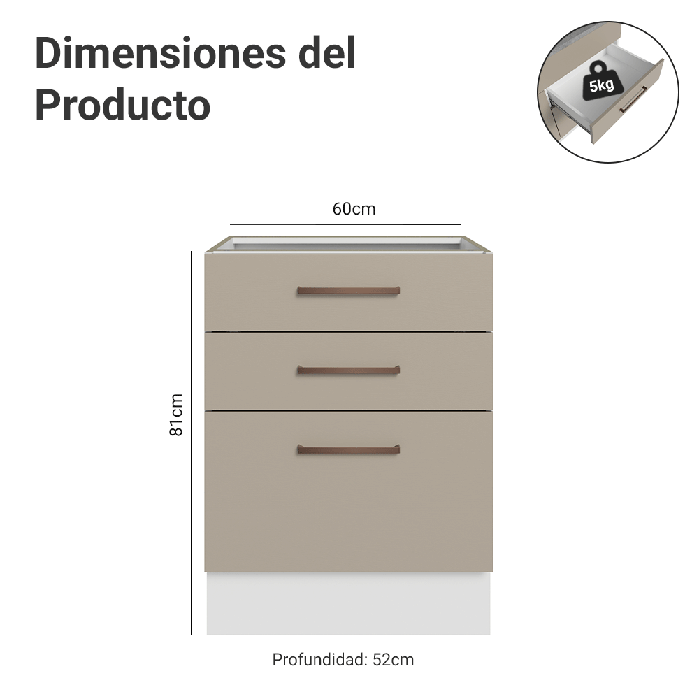 Bajo Mesada 60 cm 3 Cajones Sin Mesada Blanco/Crema Agata Madesa