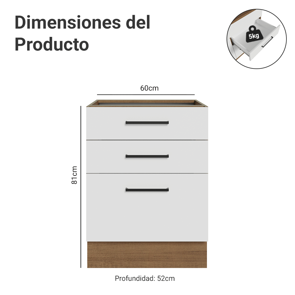 Bajo Mesada 60 cm 3 Cajones Sin Mesada Marrón/Blanco Agata Madesa