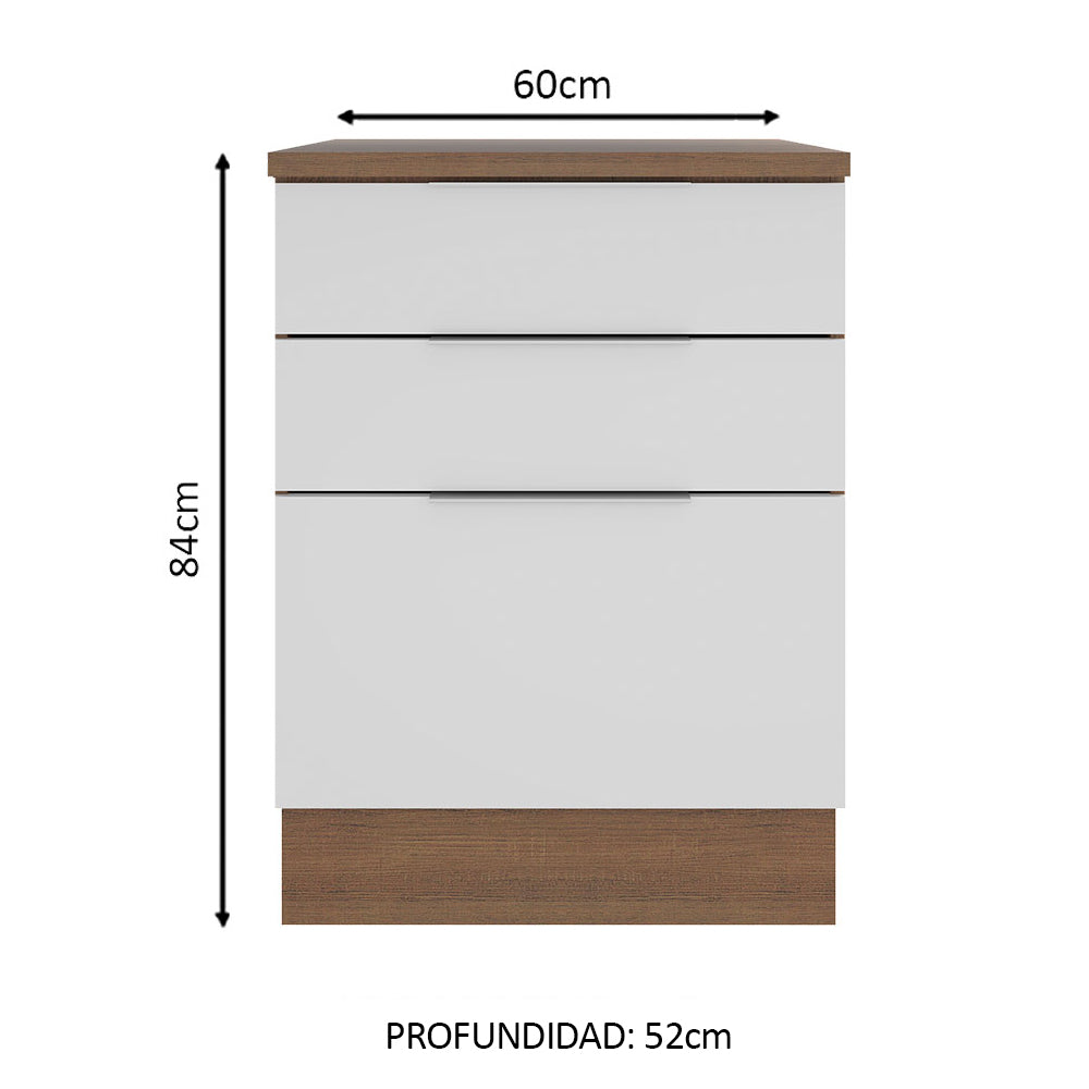Bajo Mesada Cocina 60 cm 3 Cajones Marrón/Blanco Stella Madesa
