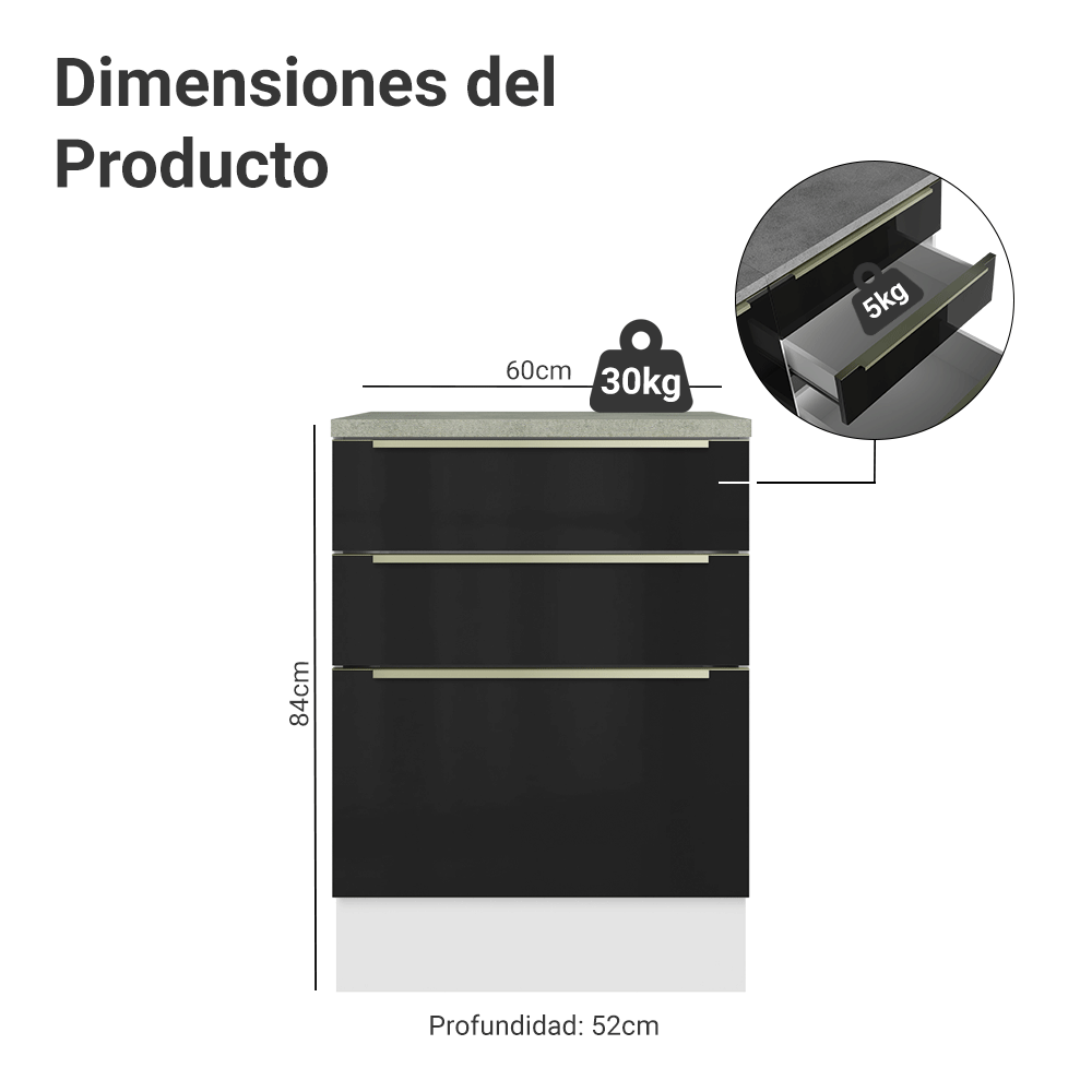 Bajo Mesada 60 cm 3 Cajones (Con Mesada) Blanco/Negro Lux Madesa