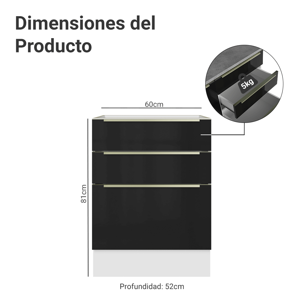 Bajo Mesada de Cocina 60 cm 3 Cajones (Sin Mesada) Blanco/Negro Lux Madesa