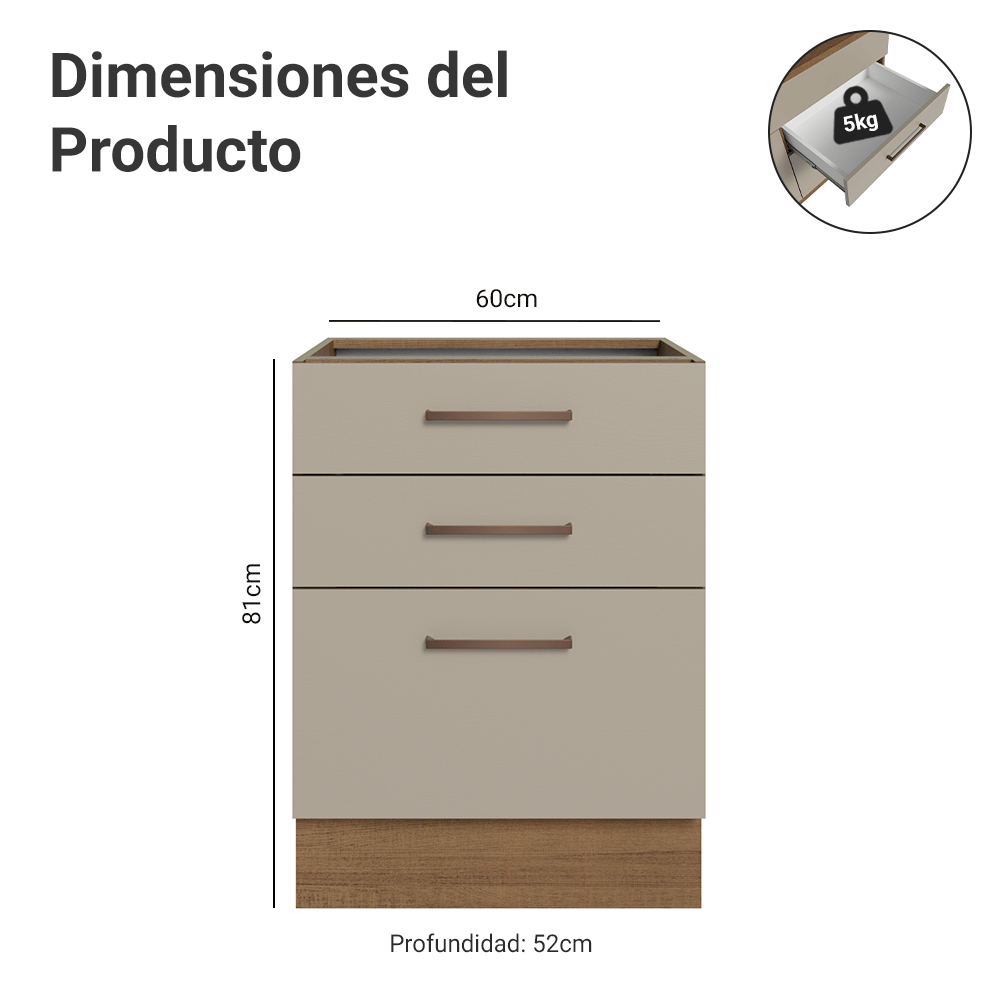 Bajo Mesada 60 cm 3 Cajones Sin Mesada Marrón/Crema Agata Madesa