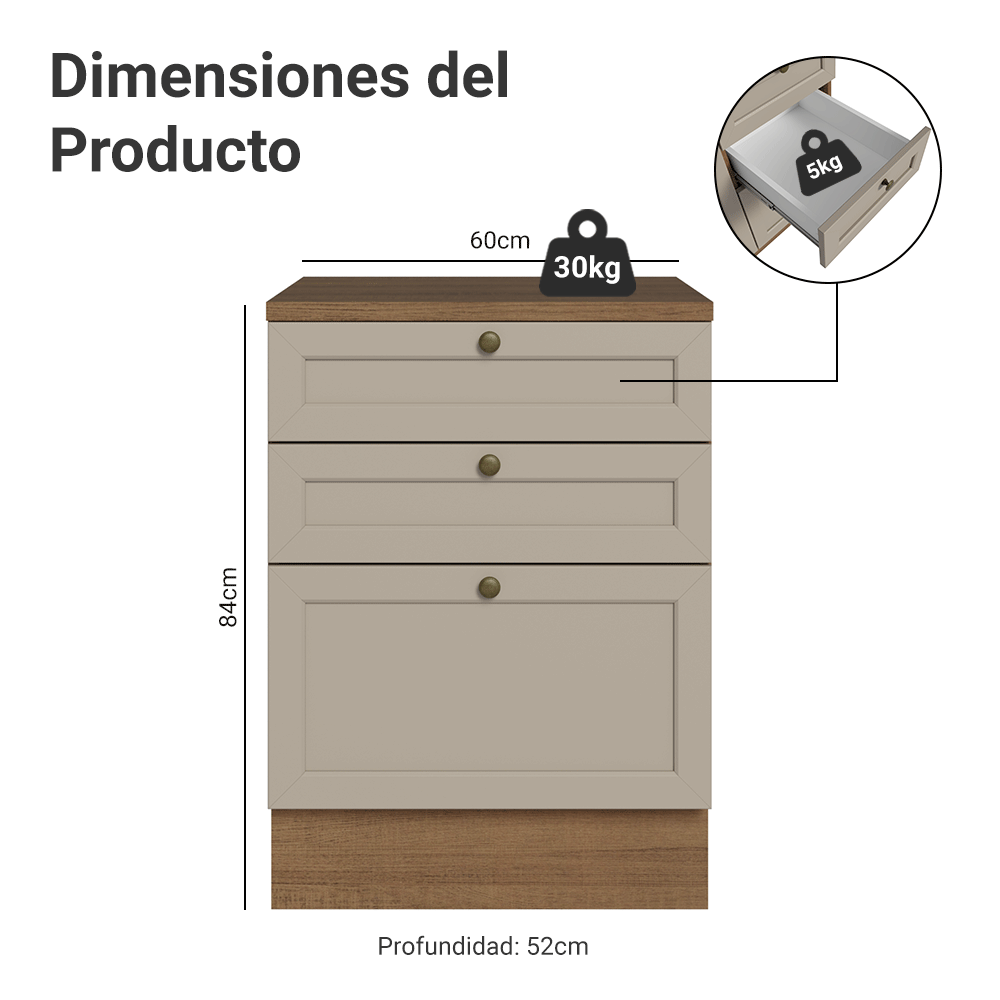 Bajo Mesada 60 cm 3 Cajones Marrón/Crema Vik Madesa