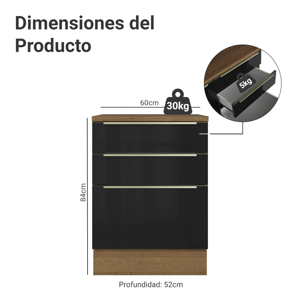 Bajo Mesada de Cocina 60 cm 3 Cajones (Con Mesada) Marrón/Negro Lux Madesa