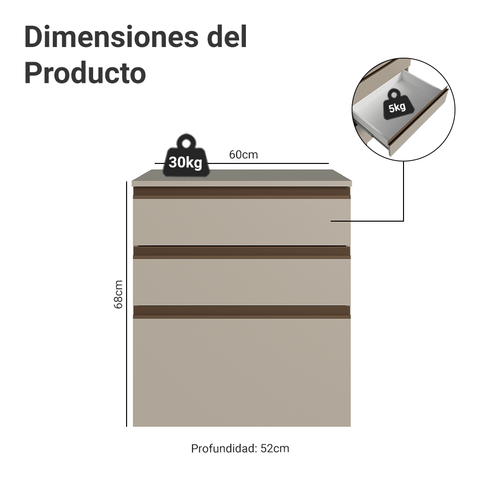 Bajo Mesada 60 cm 3 cajones Flotante Crema Nice