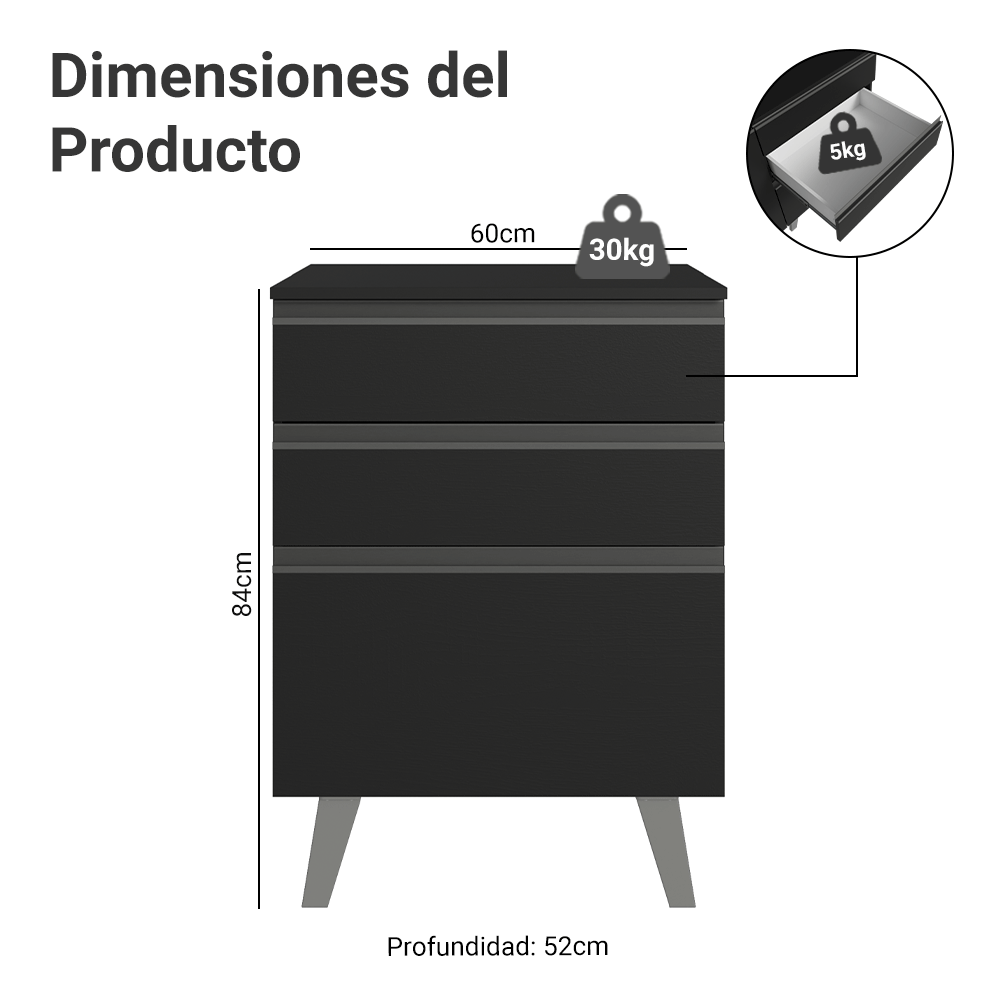 Bajo Mesada de Cocina 60 cm 3 Cajones con Patas Negro Nice Madesa