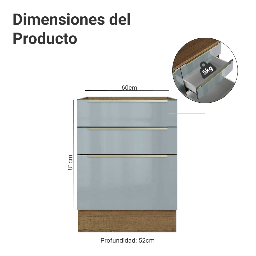 Bajo Mesada de Cocina 60 cm 3 Cajones (Sin Mesada) Marrón/Gris Lux Madesa