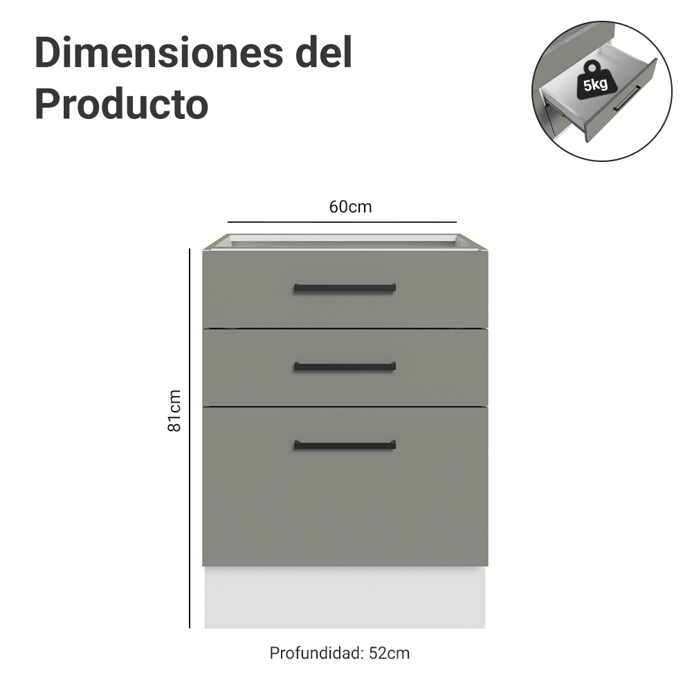 Bajo Mesada 60 cm 3 Cajones Sin Mesada Blanco/Gris Agata Madesa
