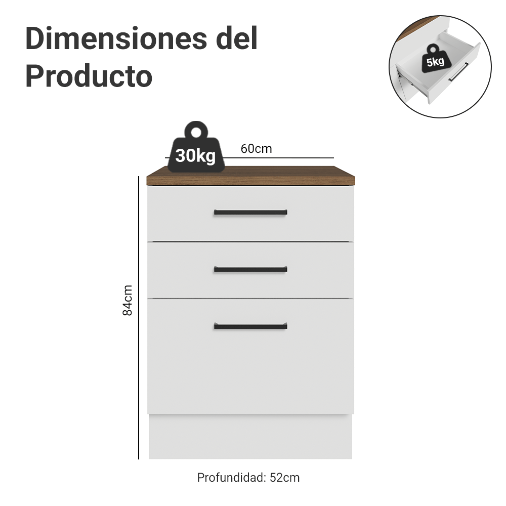 Bajo Mesada 60 cm 3 Cajones Blanco/Marrón Agata Madesa