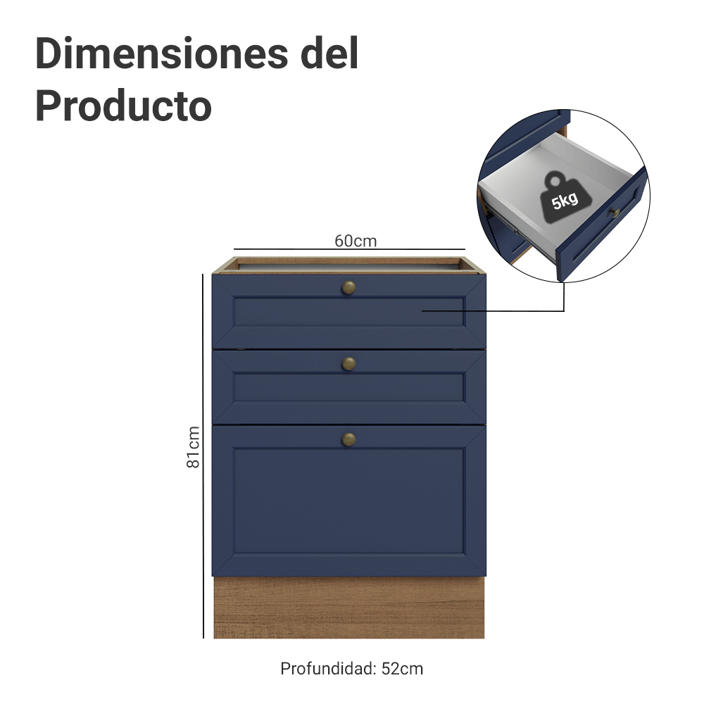 Bajo Mesada 60 cm 3 Cajones Sin Mesada Marrón/Azul Vik Madesa
