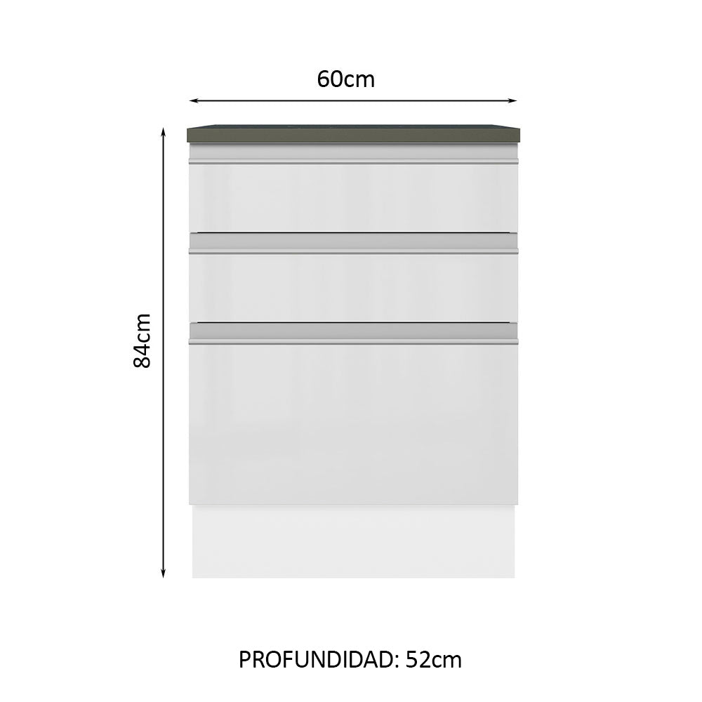 Bajo Mesada Cocina 100% MDF 60 cm 3 Cajones Frentes Blanco Brillante Acordes Madesa
