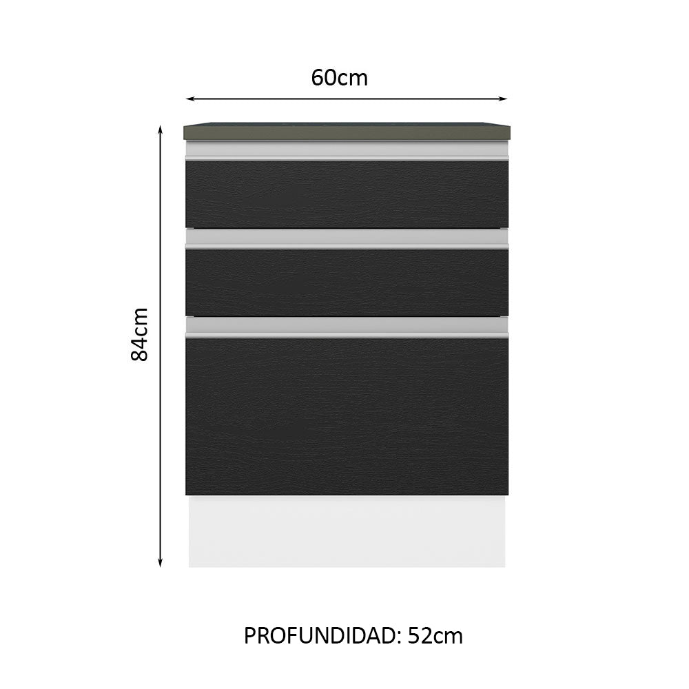 Bajo Mesada Cocina 100% MDF 60 cm 3 Cajones Blanco/Negro Acordes Madesa