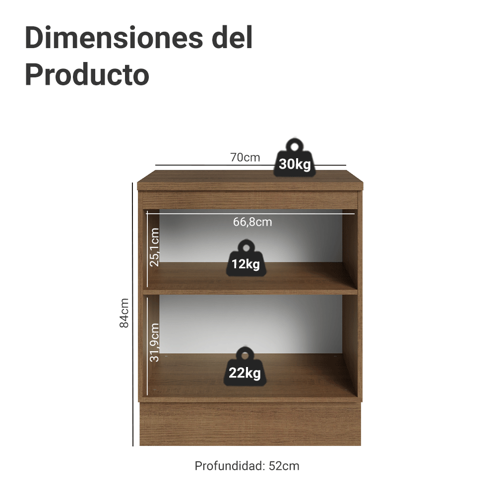 Bajo Mesada de Cocina 70 cm 2 Puertas Marrón/Blanco Vik Madesa