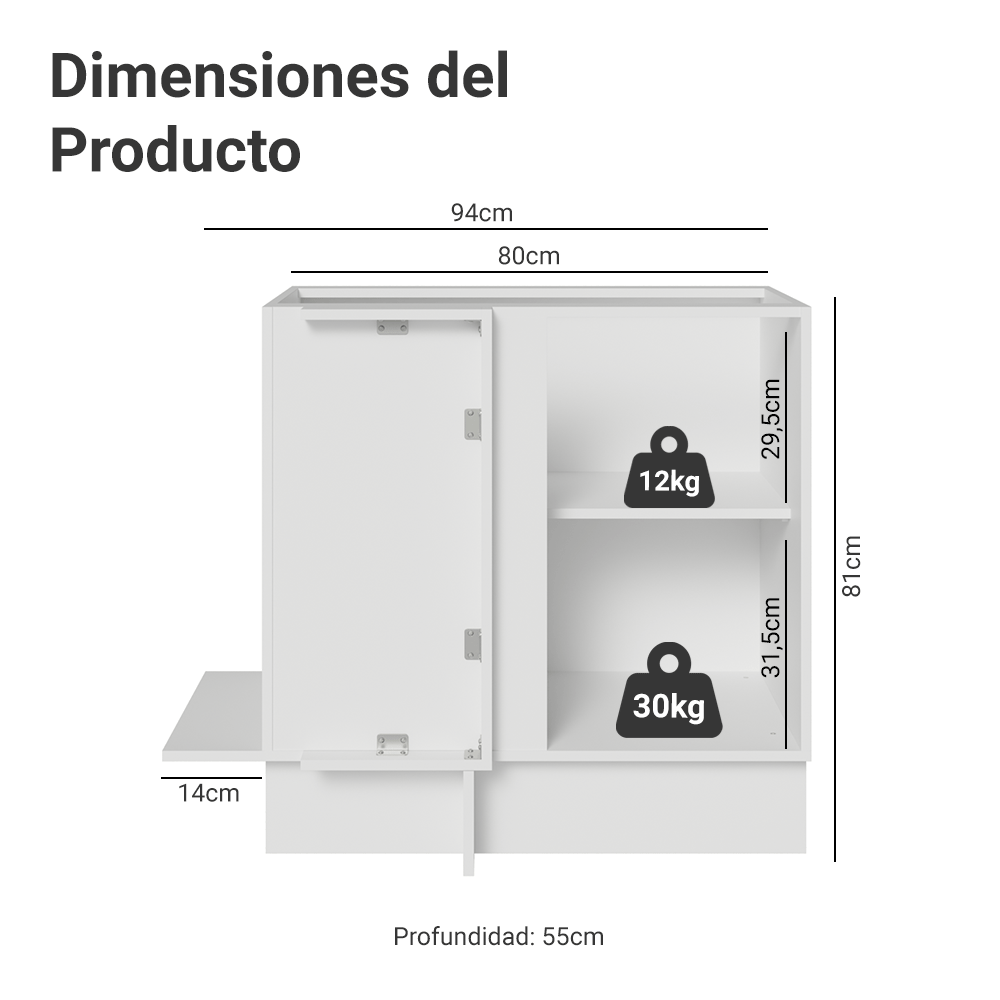 Bajo Mesada Esquinero 94 cm 1 Puerta (Sin Mesada) Blanco/Crema Vik Madesa