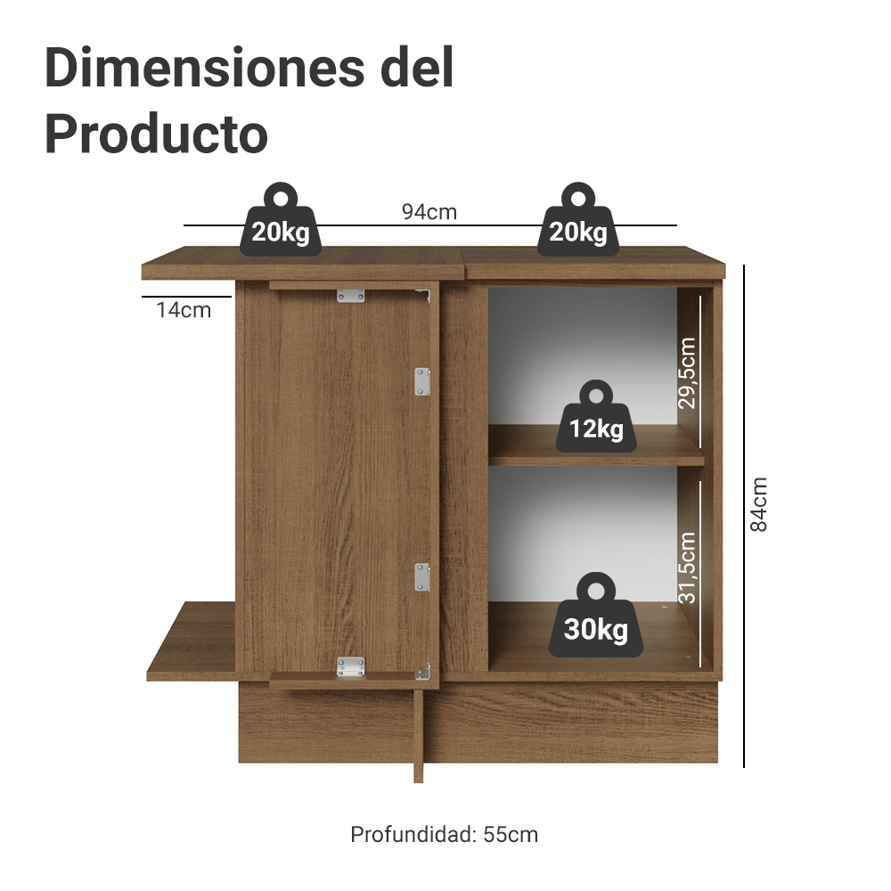 Bajo Mesada Esquinero 1 Puerta (Con Mesada) Marrón/Negro Lux Madesa