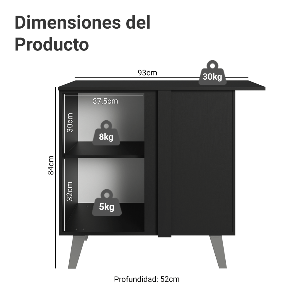 Bajo Mesada Esquinero 1 Puerta con Patas Negro Nice Madesa