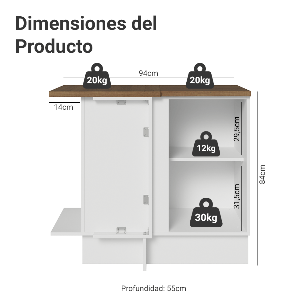 Bajo Mesada Esquinero 94 cm 1 Puerta Blanco/Marrón Agata Madesa