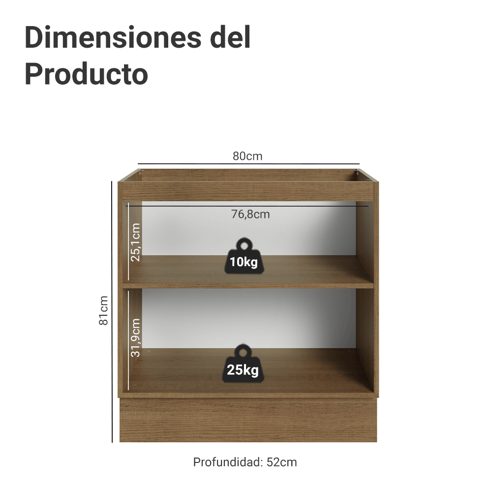 Bajo Mesada de Cocina 80 cm 2 Puetas (Sin Mesada) Marrón/Negro Lux Madesa