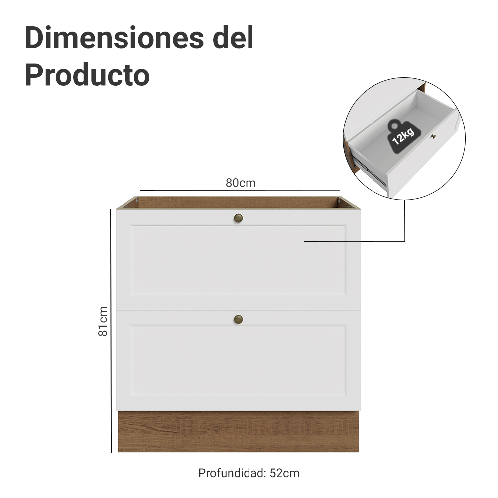Bajo Mesada 80 cm 2 Cajones Sin Mesada Marrón/Blanco Vik Madesa