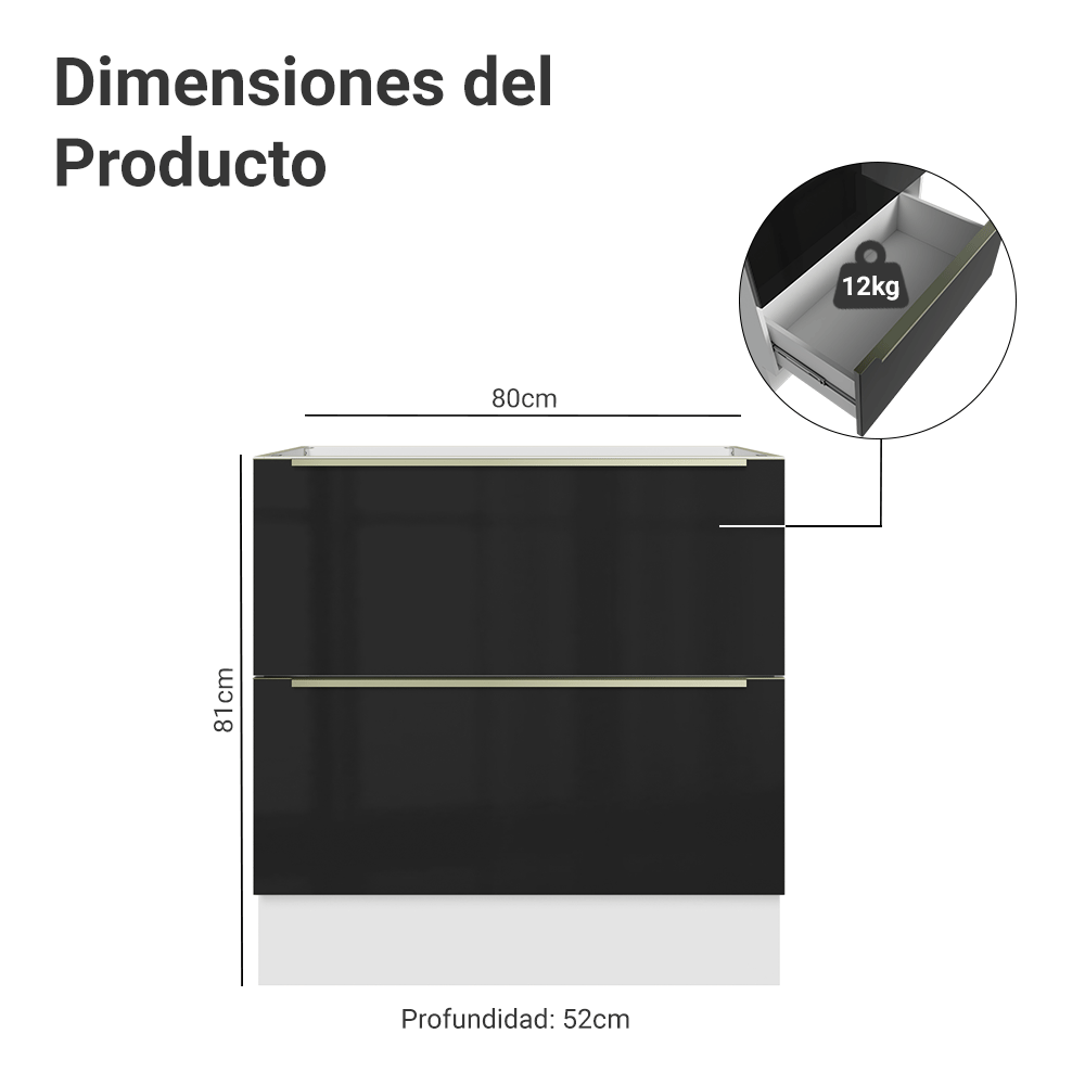 Bajo Mesada de Cocina 80 cm 2 Cajones (Sin Mesada) Blanco/Negro Lux Madesa