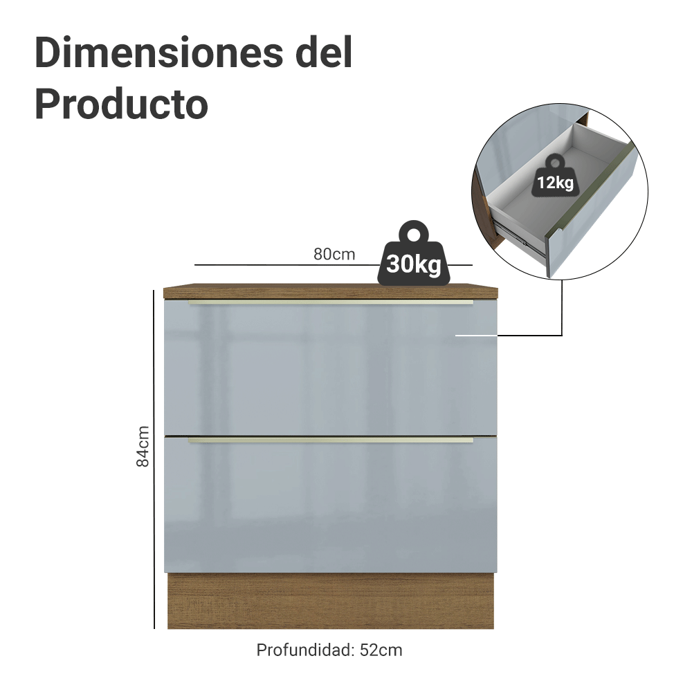 Bajo Mesada de Cocina 80 cm 2 Cajones (Con Mesada) Marrón/Gris Lux Madesa