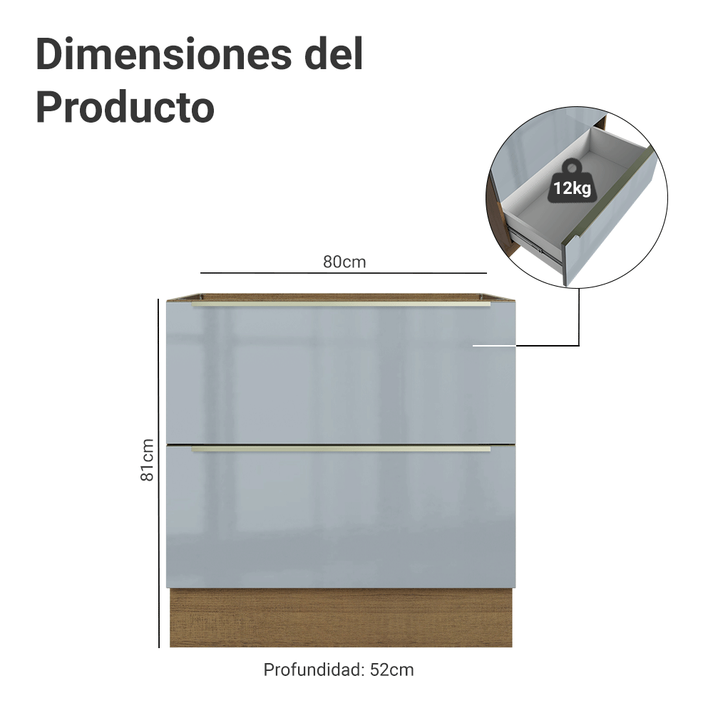 Bajo Mesada de Cocina 80 cm 2 Cajones (Sin Mesada) Marrón/Gris Lux Madesa