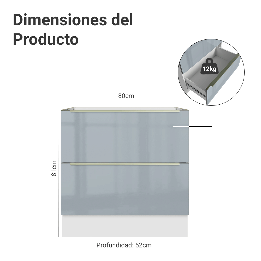 Bajo Mesada de Cocina 80 cm 2 Cajones (Sin Mesada) Blanco/Gris Lux Madesa