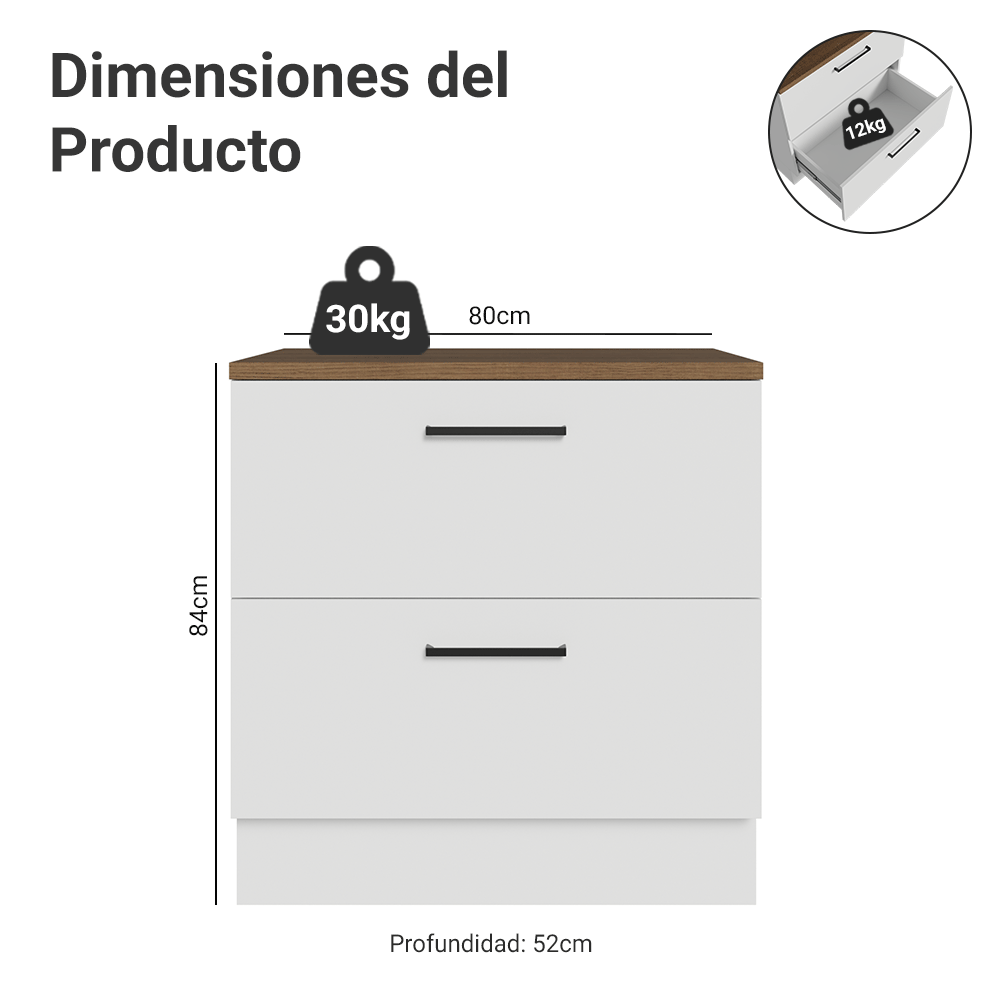 Bajo Mesada 80 cm 2 Cajones Blanco/Marrón Agata Madesa