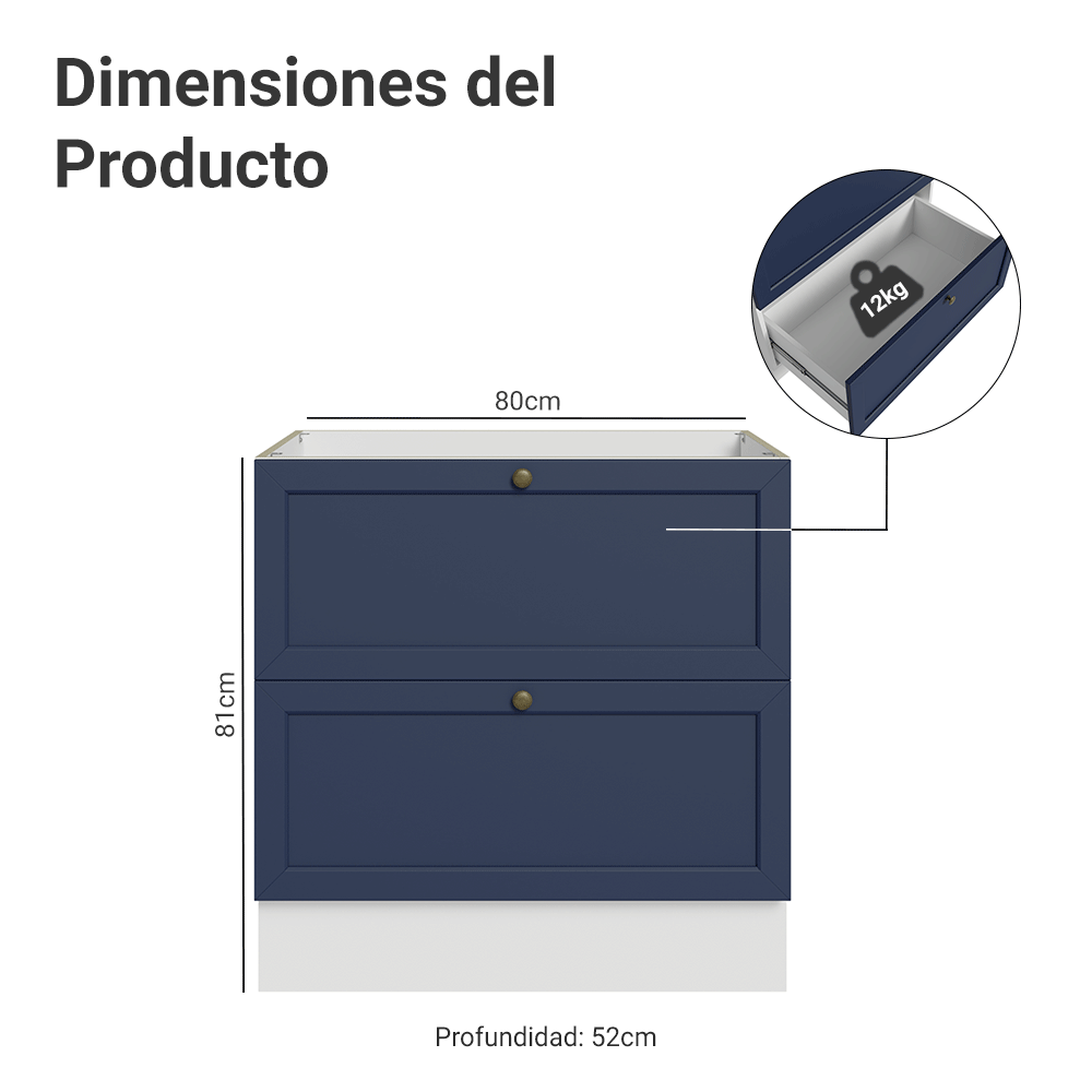 Bajo Mesada 80 cm 2 Cajones Sin Mesada Blanco/Azul Vik Madesa