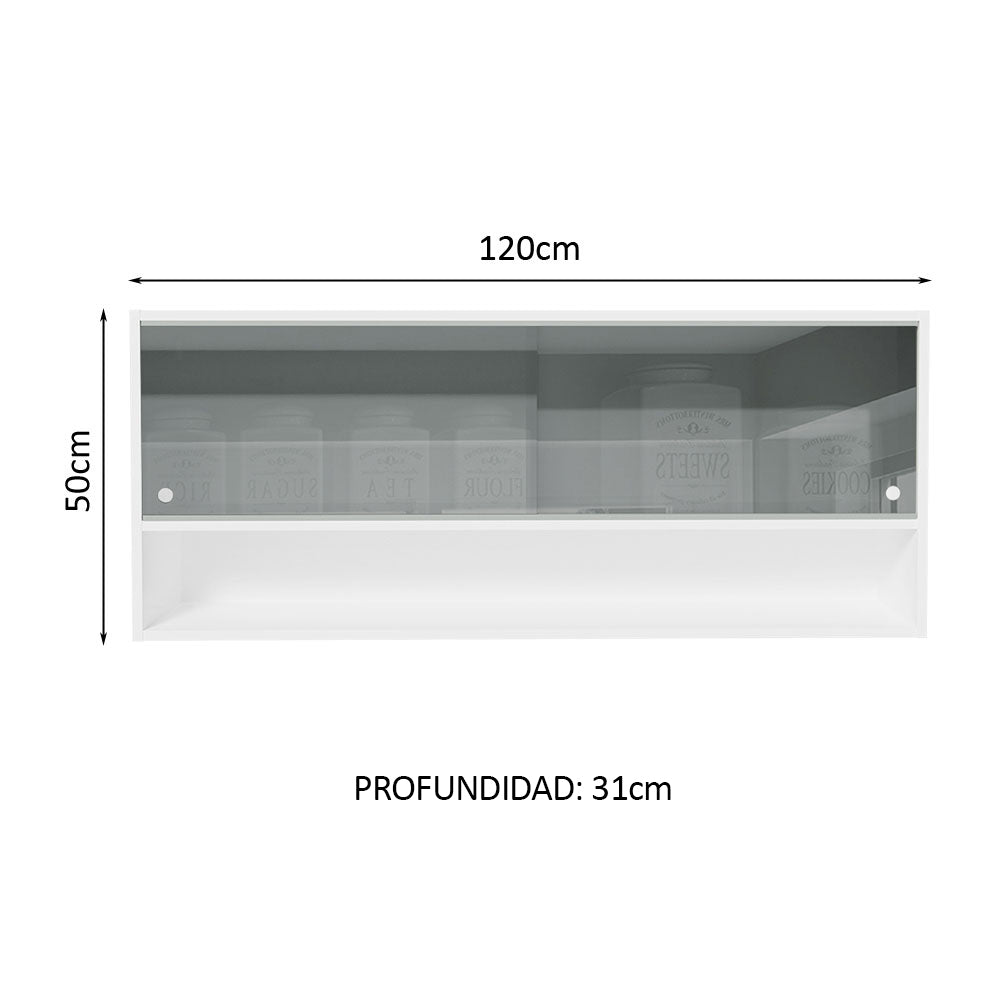 Alacena para Cocina 120 cm 2 Puertas Corredizas de Vidrio Neutral 1 Nicho Blanco para Cocinas Glamy, Lux e Reims Madesa