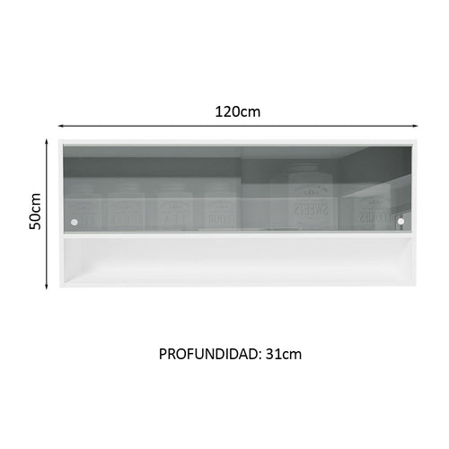 Alacena 120 cm 2 Puertas Corredizas de Vidrio Neutral 1 Nicho para Cocinas Glamy Lux y Reims Blanco Línea Estándar Madesa