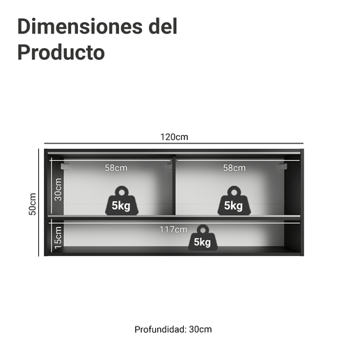 Alacena 120 cm 2 Puertas Corredizas de Vidrio Neutral e 1 Nicho Negro Línea Estándar Madesa