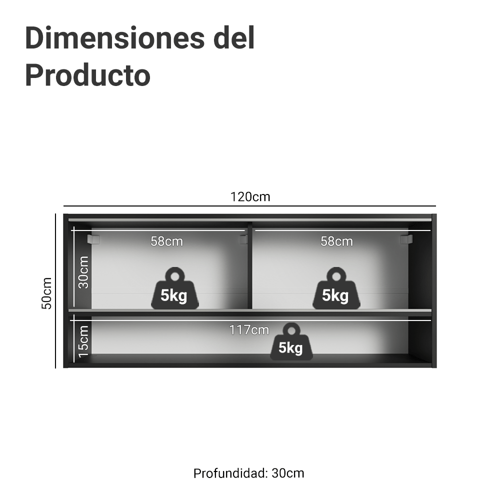 Alacena para Cocina 120 cm 2 Puertas Corredizas de Vidrio Esmerilado e 1 Nicho Negro Madesa