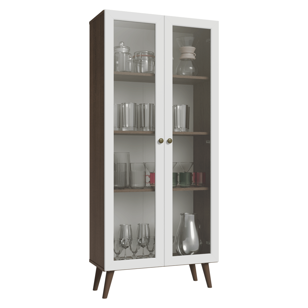 Cristalero 70 cm 2 Puertas de Vidrio con Patas Vik Marrón/Blanco/Marrón