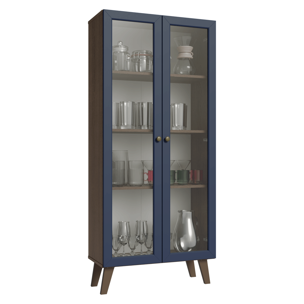 Cristalero 70 cm 2 Puertas de Vidrio con Patas Trapecio Vik Marrón/Azul/Marrón