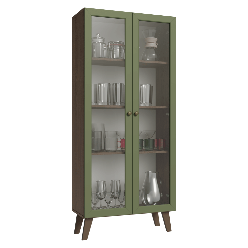 Cristalero 70 cm 2 Puertas de Vidrio con Patas Trapecio Vik Marrón/Verde/Marrón