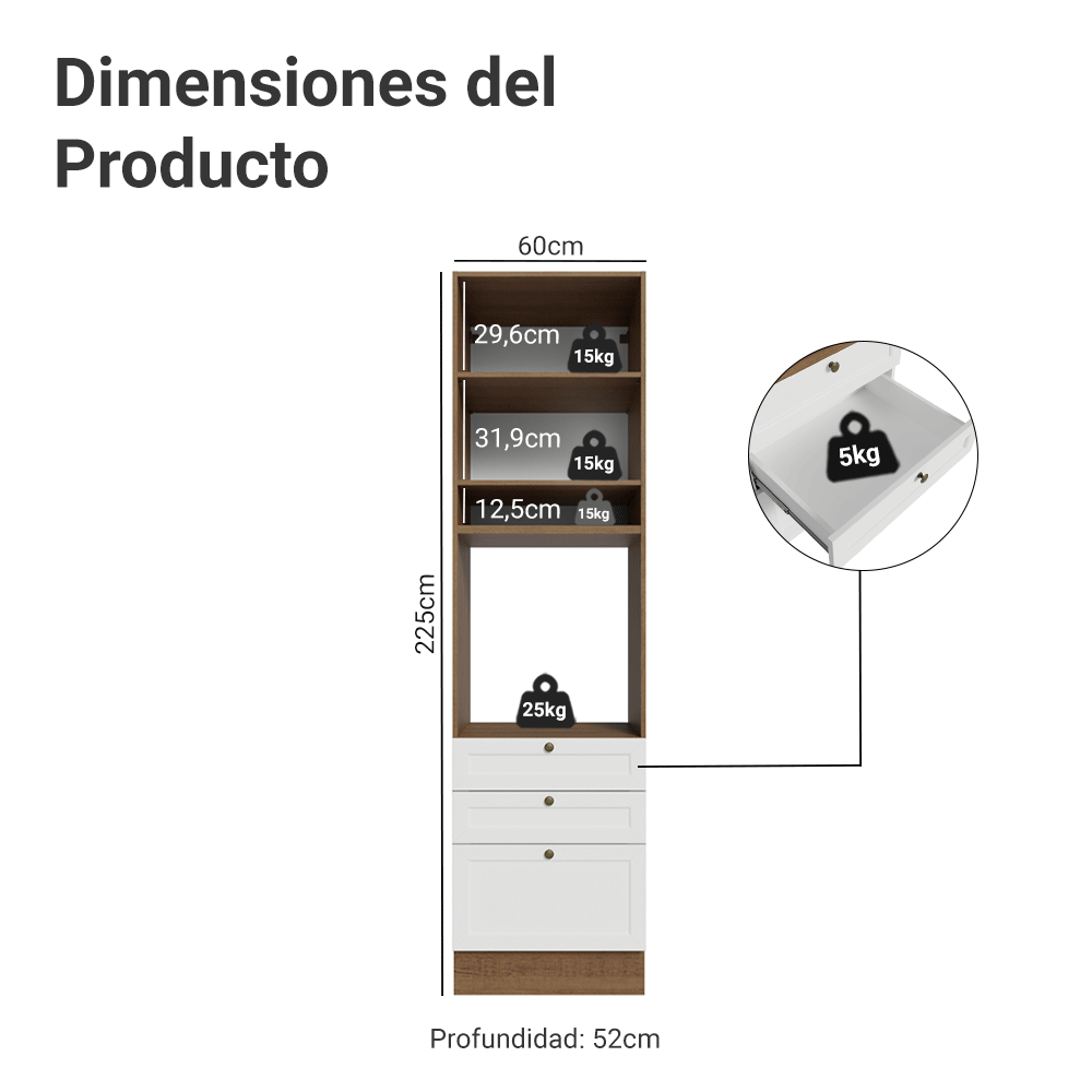 Mueble de cocina para Horno/ microondas 60 cm 1 Puerta 3 Cajones Marrón/Blanco Vik Madesa