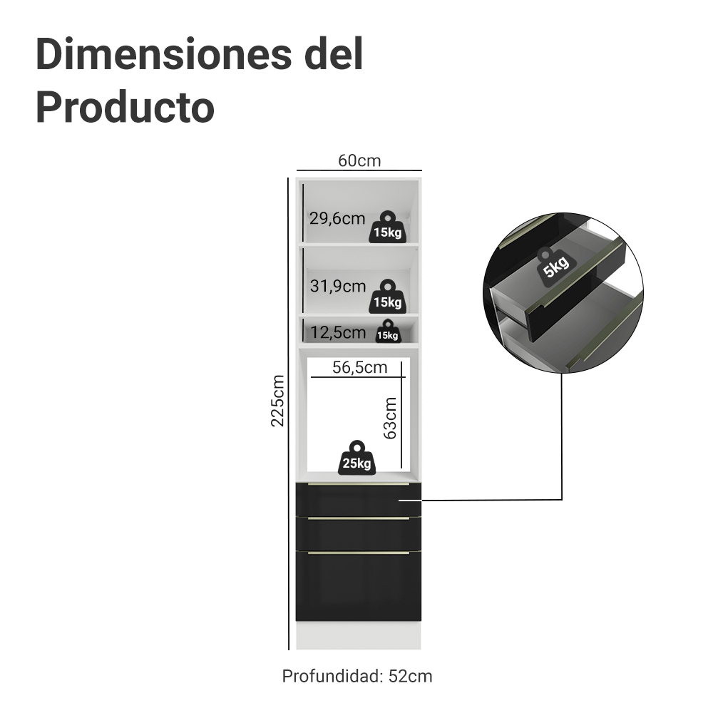 Mueble para Horno/Microondas 60 cm 1 Puerta y 3 Cajones Blanco/Negro Lux Madesa