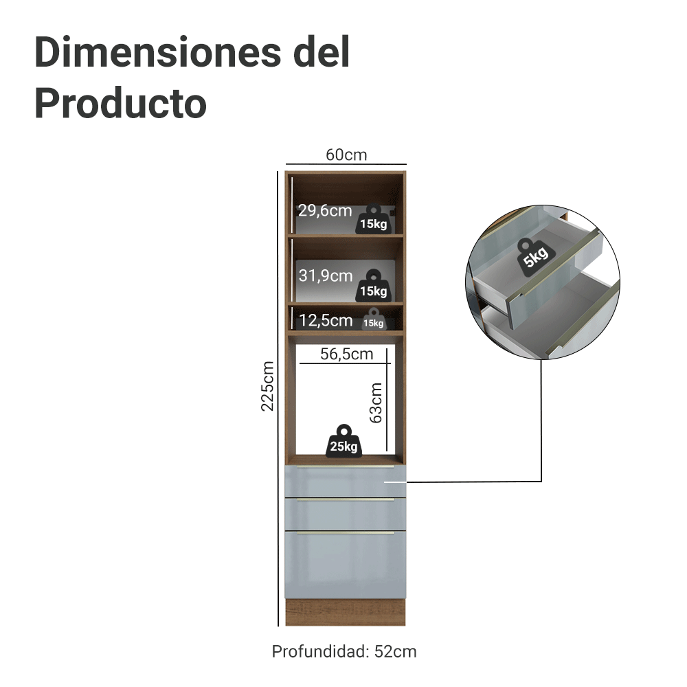 Mueble para Horno/Microondas 60 cm 1 Puerta y 3 Cajones Blanco/Gris Lux Madesa