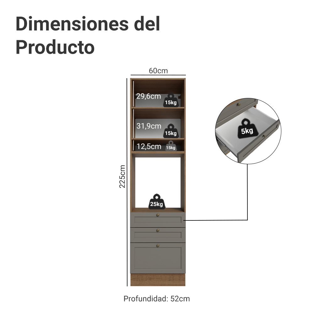 Mueble de cocina para Horno/ microondas 60 cm 1 Puerta 3 Cajones Marrón/Gris Vik Madesa