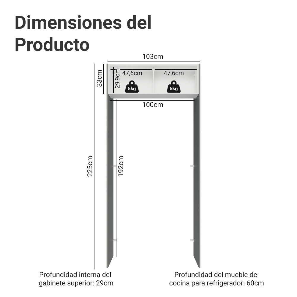 Mueble para empotrar Heladera 103 cm 1 Puerta Abatible Gris/Blanco/Gris Lux Madesa