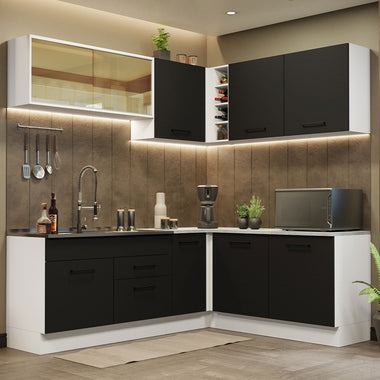 Combo completo de Cocina Esquinera 389 cm 9 Puertas 2 Cajones Sin Mesada Blanco/Negro Agata Madesa