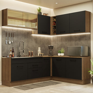 Combo completo de Cocina Esquinera 389 cm 9 Puertas 2 Cajones Sin Mesada Marrón/Negro Agata Madesa