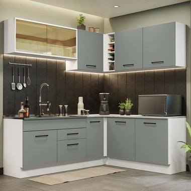 Combo completo de Cocina Esquinera 389 cm 9 Puertas 2 Cajones Sin Mesada Blanco/Gris Agata Madesa