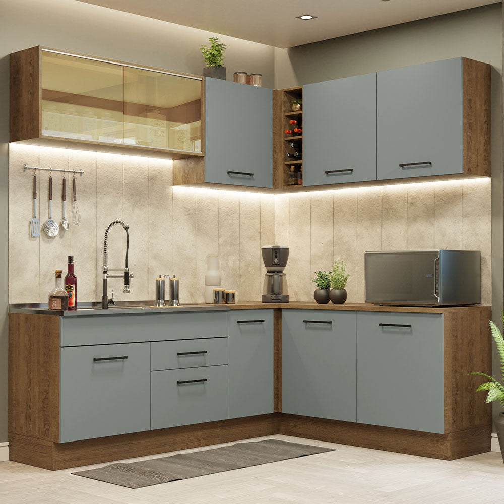 Combo completo de Cocina Esquinera 389 cm 9 Puertas 2 Cajones Sin Mesada Marrón/Gris Agata Madesa