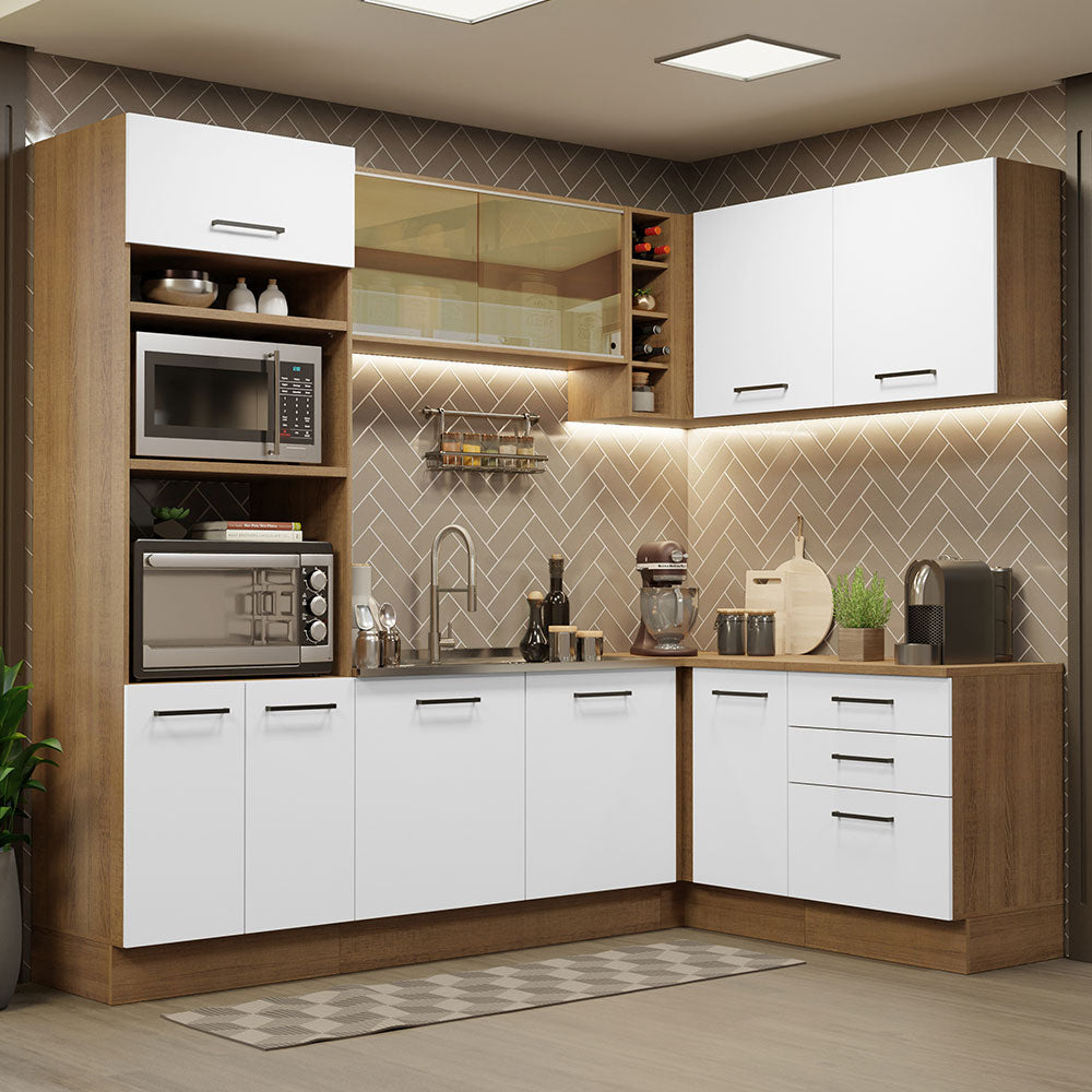 Combo completo de Cocina Esquinera 399 cm 10 Puertas 3 Cajones Sin Mesada Marrón/Blanco Agata Madesa