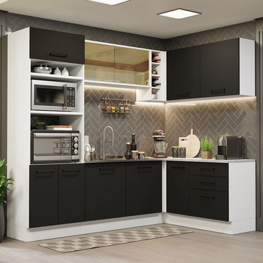 Combo completo de Cocina Esquinera 399 cm 10 Puertas 3 Cajones Sin Mesada Blanco/Negro Agata Madesa